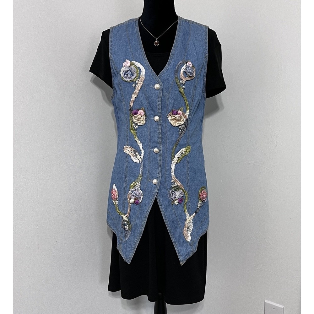VTG Monique Fashions Denim Vest Boho Cottagecore Sz 10‎ Western Hippie Fairy